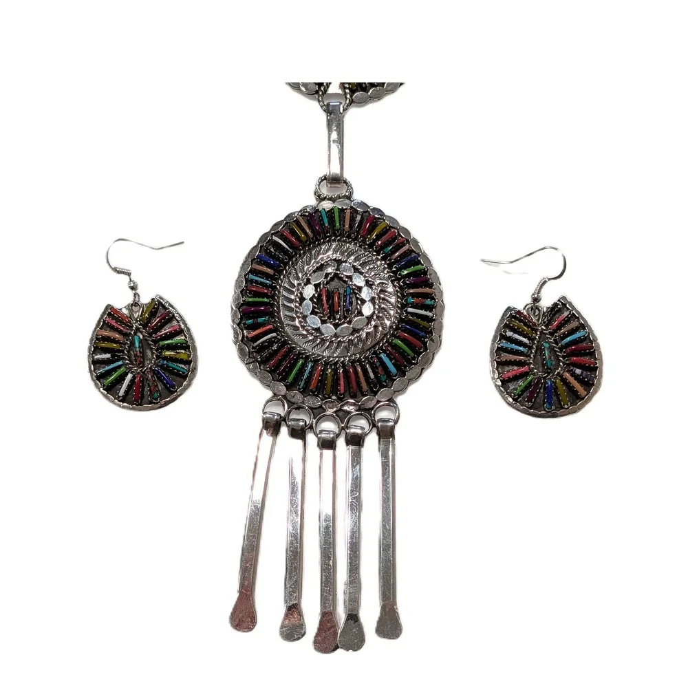 Navajo Multi-Stone Petit Needle Point Necklace and Earrings‎ Set jewelry**